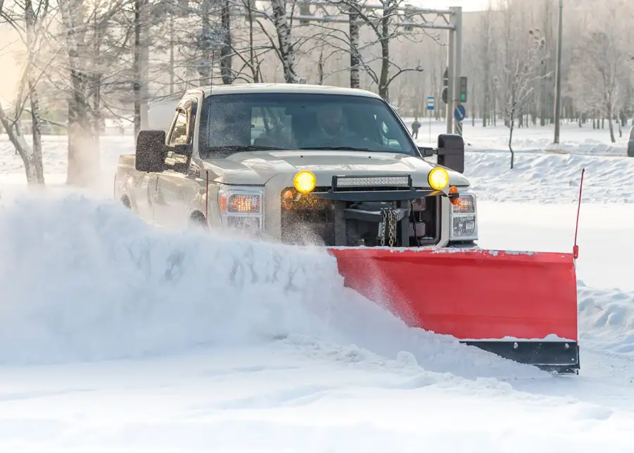snowplow attachment to company truck, snow removal and ice management services - Springfield, IL